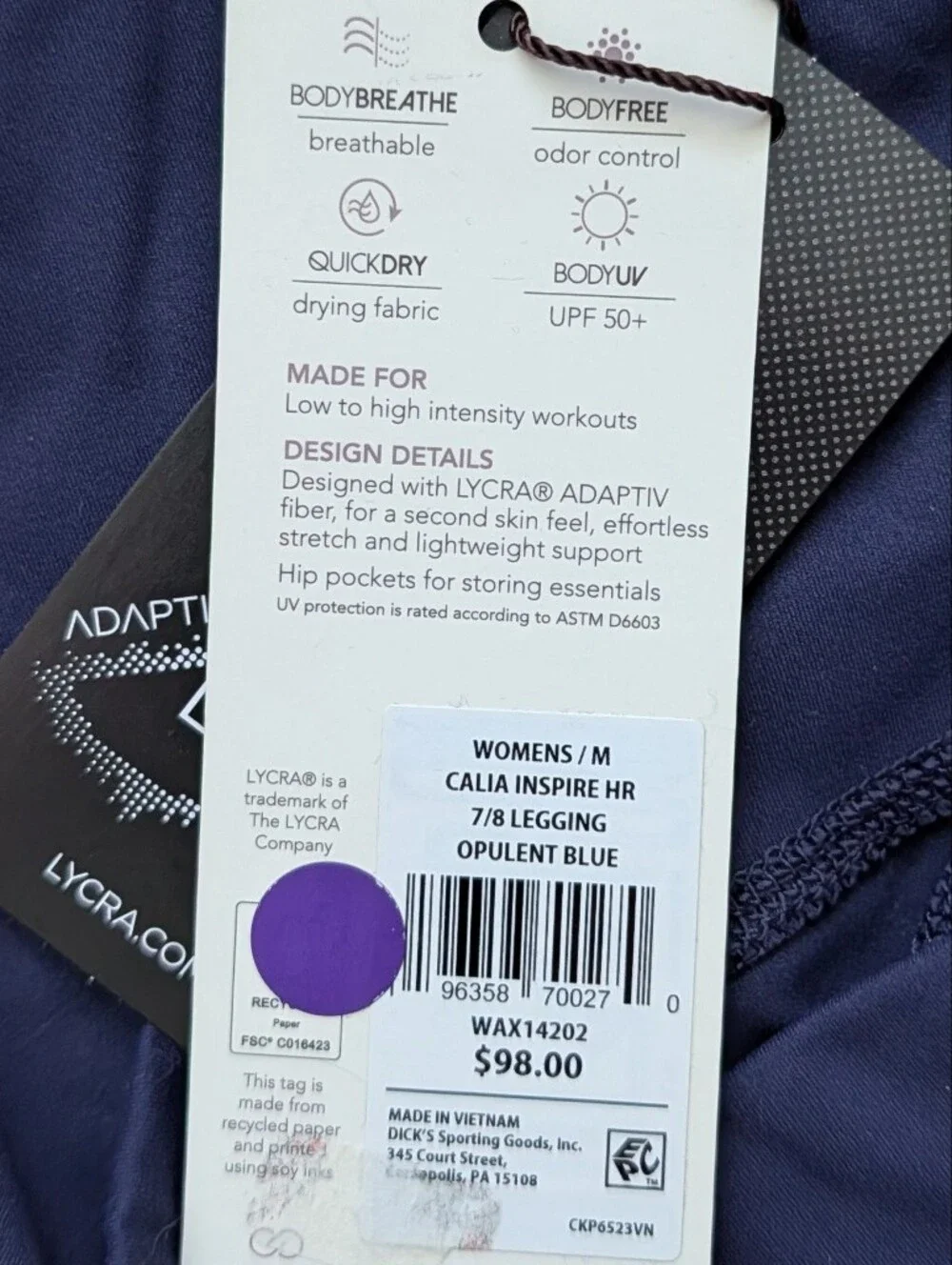 Calia Womens Opulent Blue Inspire High Rise 7/8 Ankle Legging NWT Size Medium